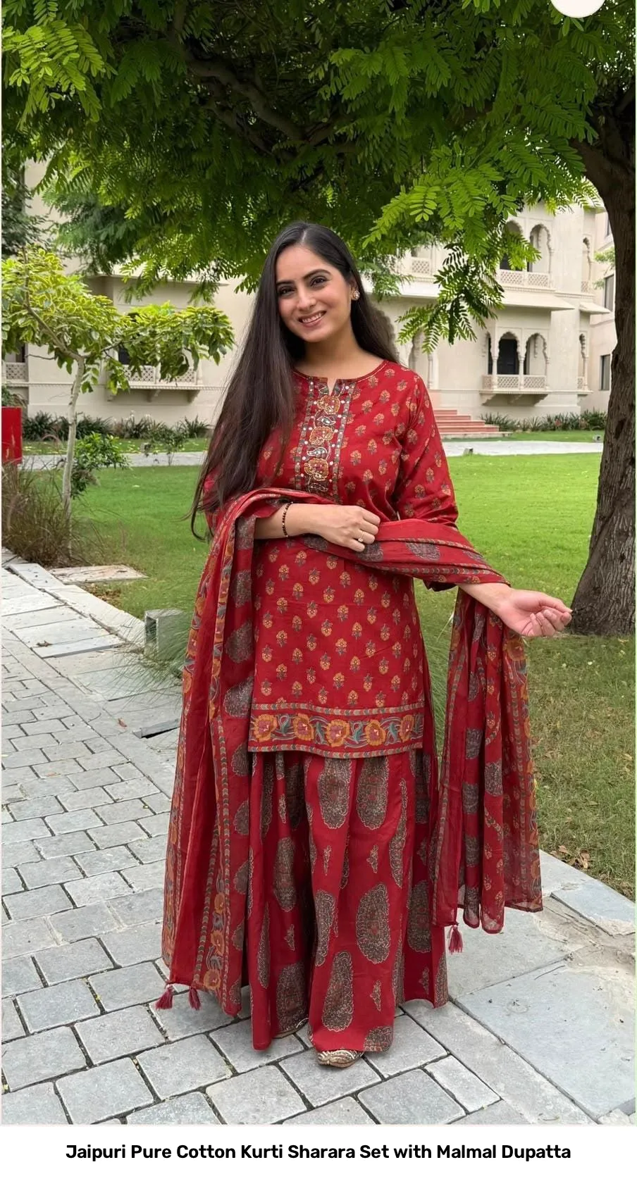 Jaipuri Pure Cotton Kurti Sharara Set with Malmal Dupatta 7