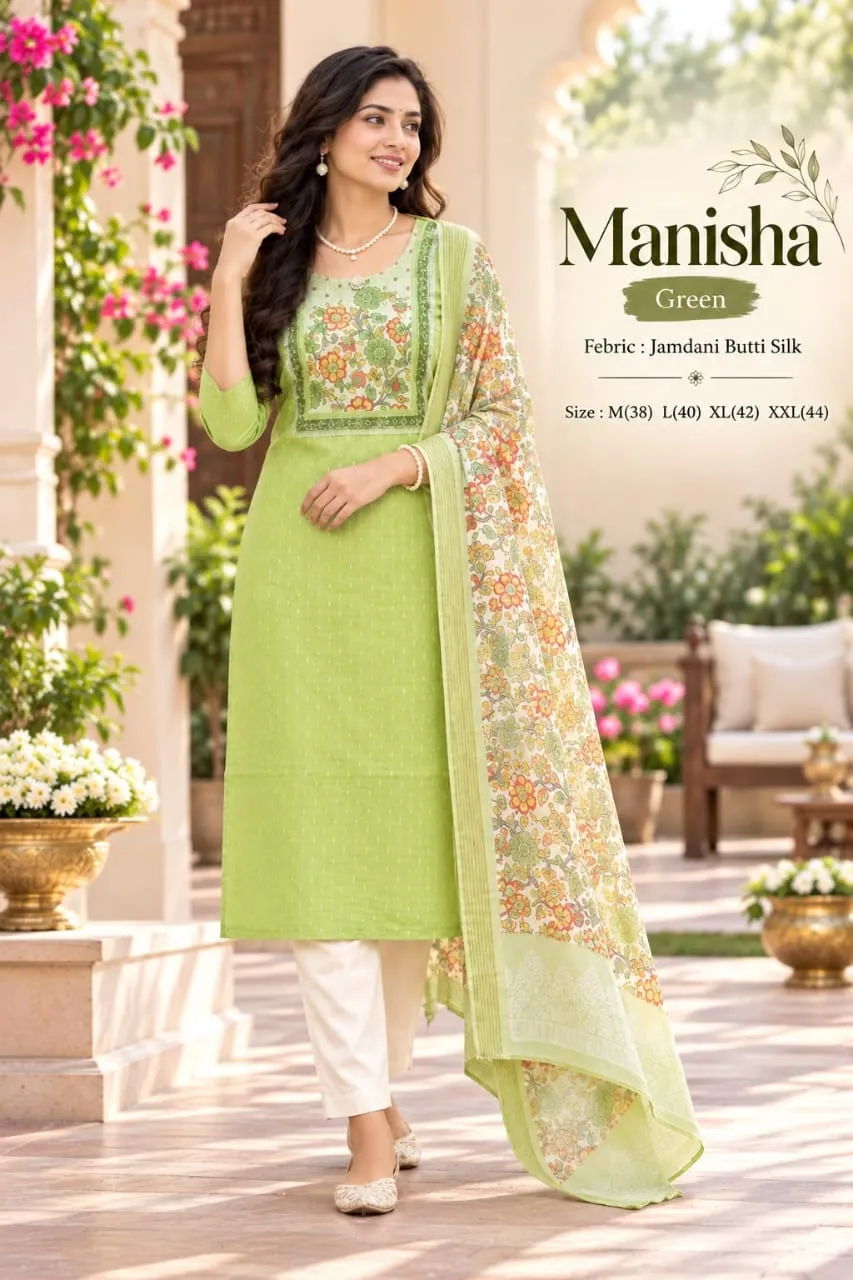 Jamdani Butti Silk Straight Kurti Pant Set with Floral Print Dupatta (3-Piece Set with Lining)