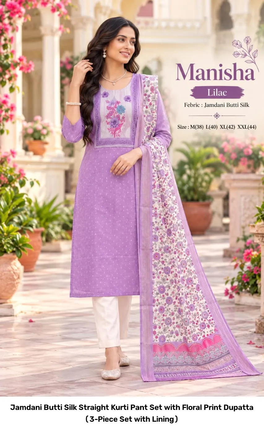 Jamdani Butti Silk Straight Kurti Pant Set with Floral Print Dupatta (3-Piece Set with Lining) 2