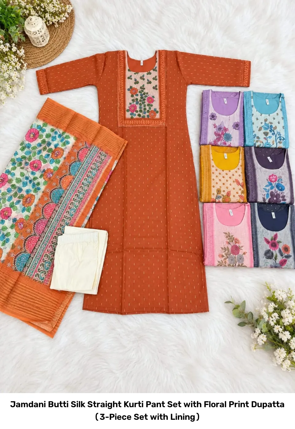Jamdani Butti Silk Straight Kurti Pant Set with Floral Print Dupatta (3-Piece Set with Lining) 3