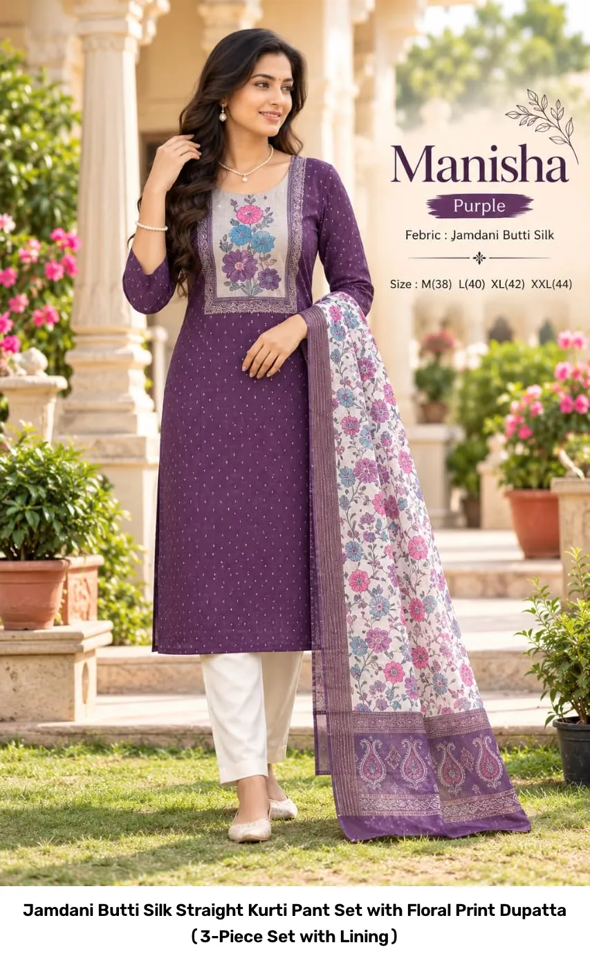 Jamdani Butti Silk Straight Kurti Pant Set with Floral Print Dupatta (3-Piece Set with Lining) 5