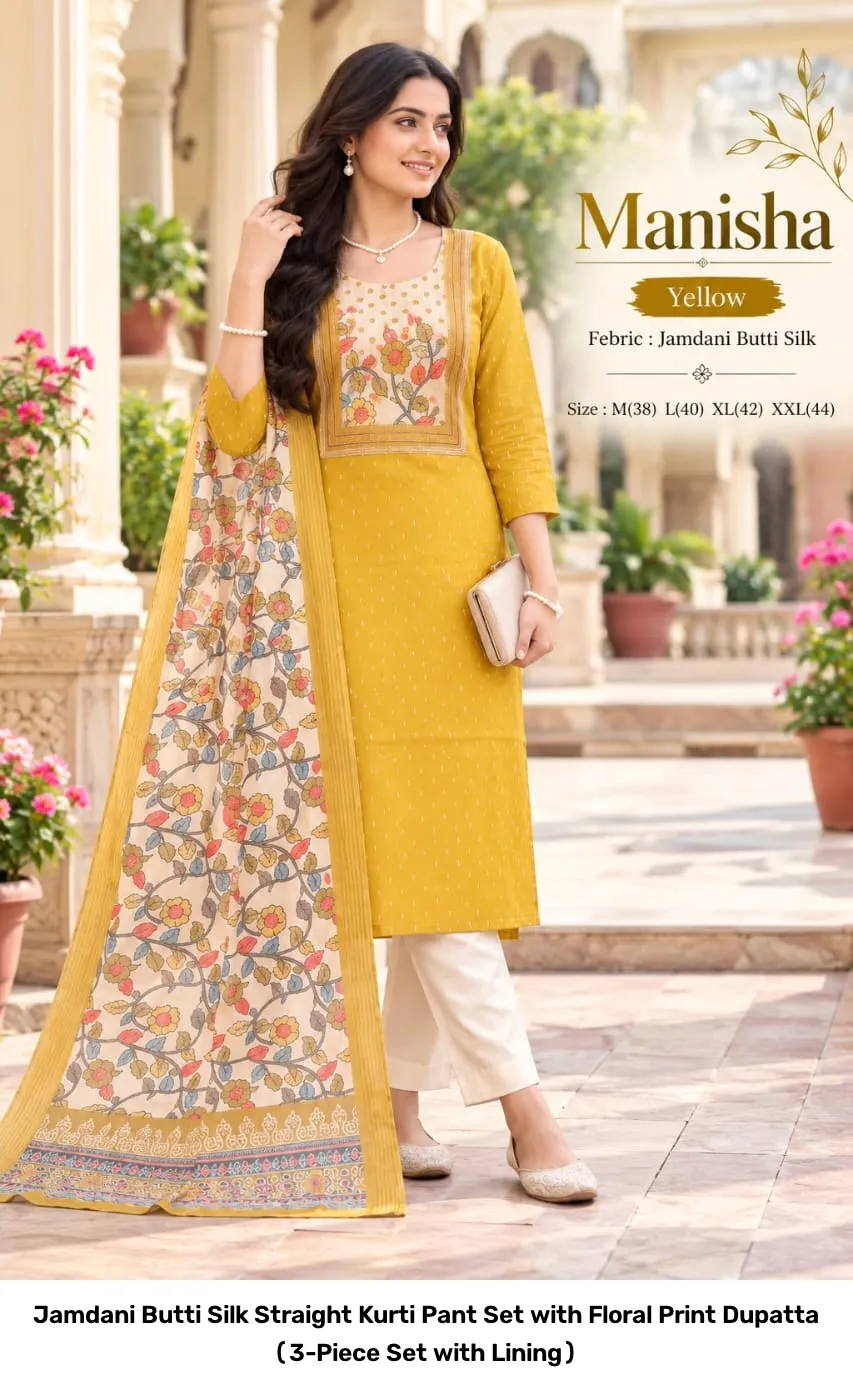 Jamdani Butti Silk Straight Kurti Pant Set with Floral Print Dupatta (3-Piece Set with Lining) 7