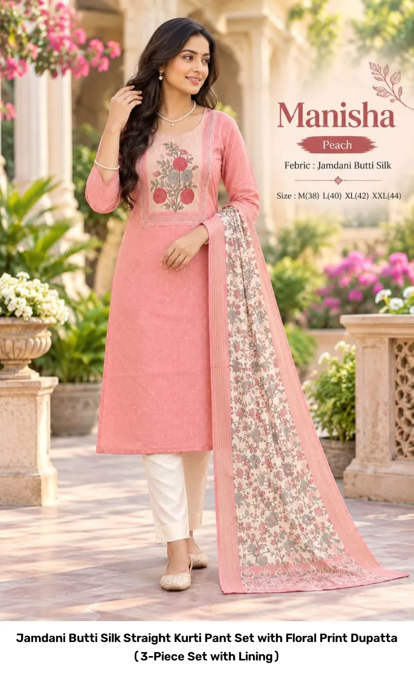 Jamdani Butti Silk Straight Kurti Pant Set with Floral Print Dupatta (3-Piece Set with Lining) 8