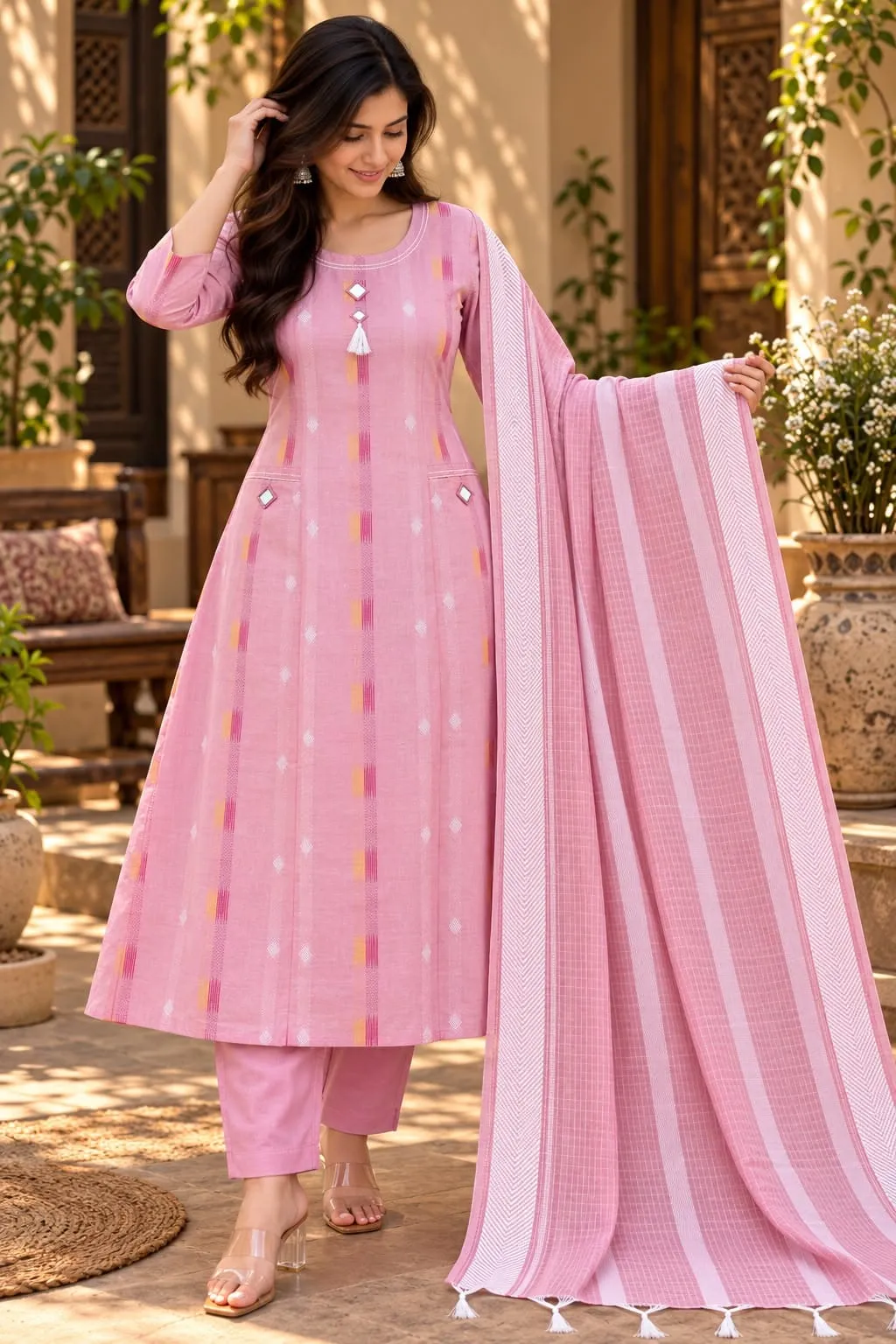 Jamdani Dobby Cotton A-Line Kurti Pant Set with Jacquard Dupatta