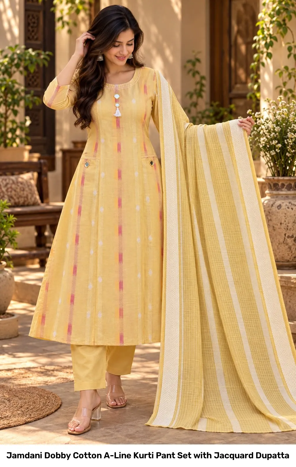 Jamdani Dobby Cotton A-Line Kurti Pant Set with Jacquard Dupatta 2