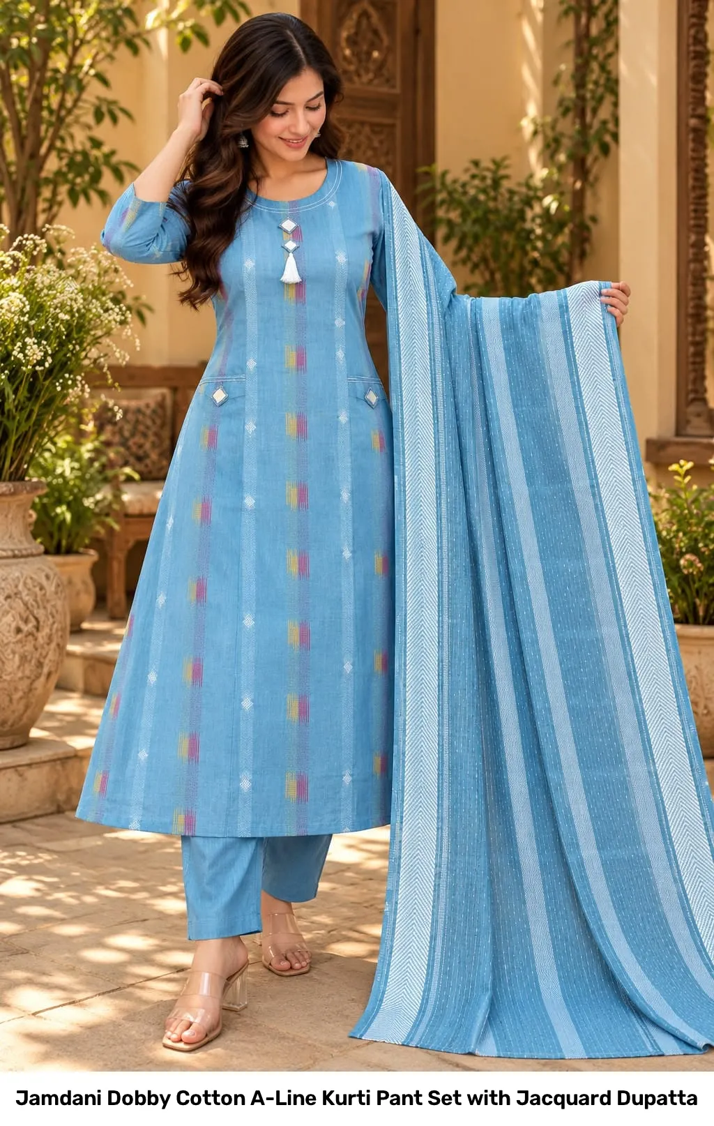 Jamdani Dobby Cotton A-Line Kurti Pant Set with Jacquard Dupatta 3