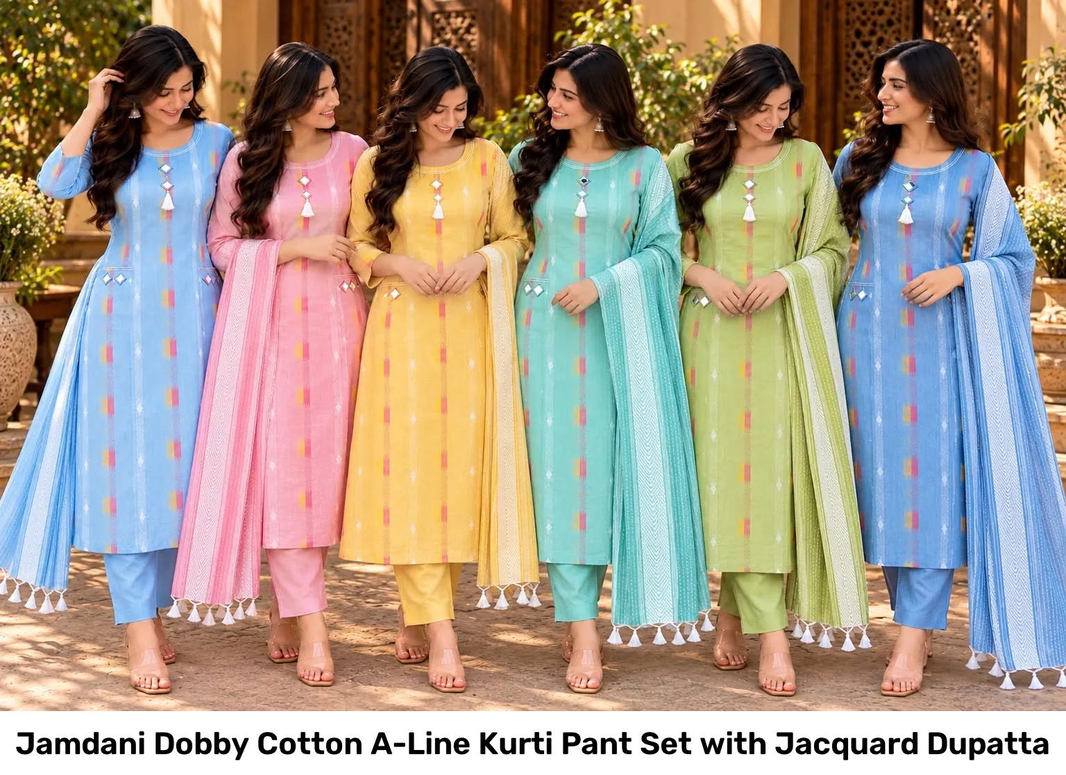 Jamdani Dobby Cotton A-Line Kurti Pant Set with Jacquard Dupatta 4