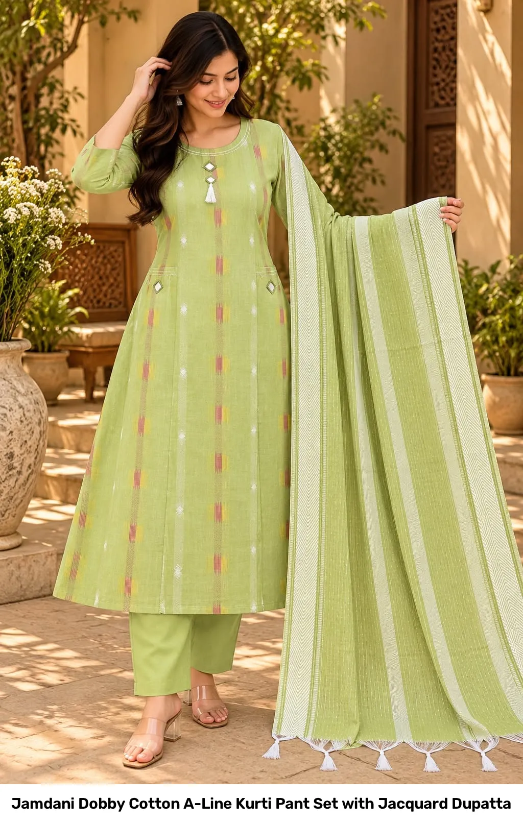 Jamdani Dobby Cotton A-Line Kurti Pant Set with Jacquard Dupatta 5