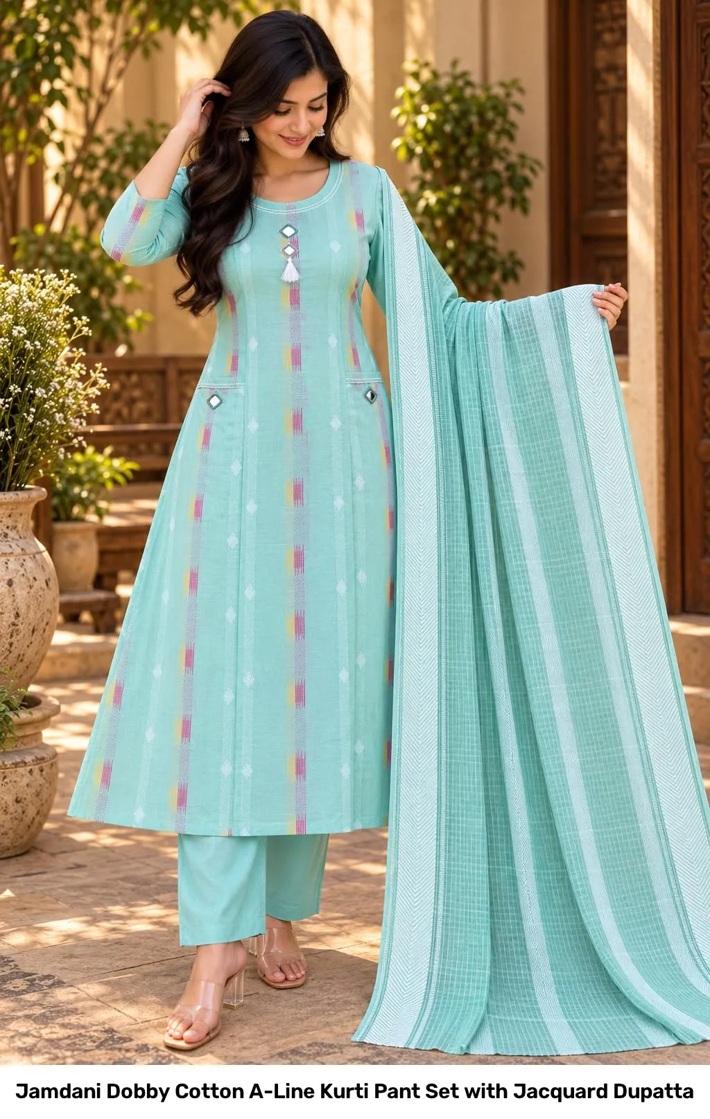 Jamdani Dobby Cotton A-Line Kurti Pant Set with Jacquard Dupatta 6