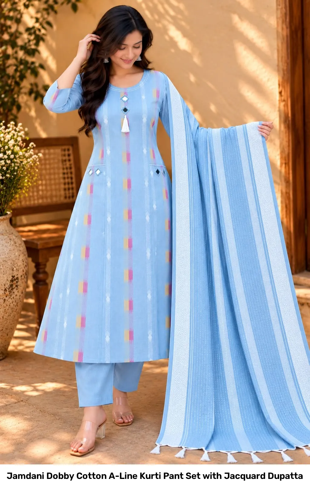 Jamdani Dobby Cotton A-Line Kurti Pant Set with Jacquard Dupatta 7