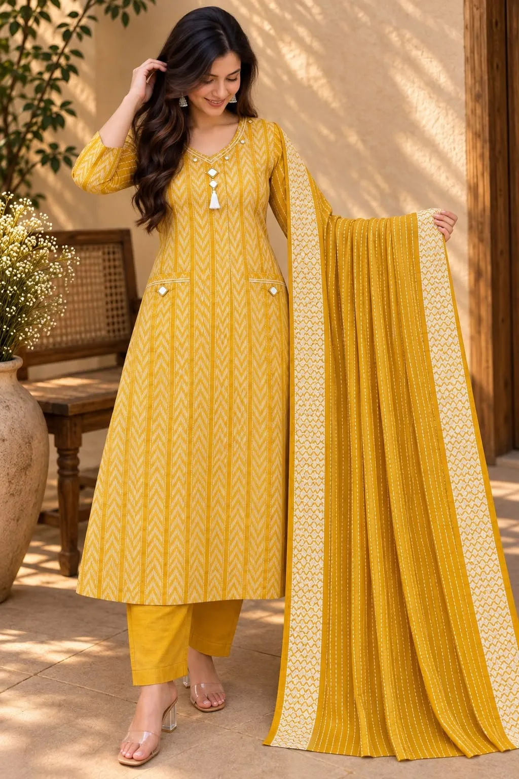 Jamdani Dobby Cotton Kurti Pant Set with Dupatta
