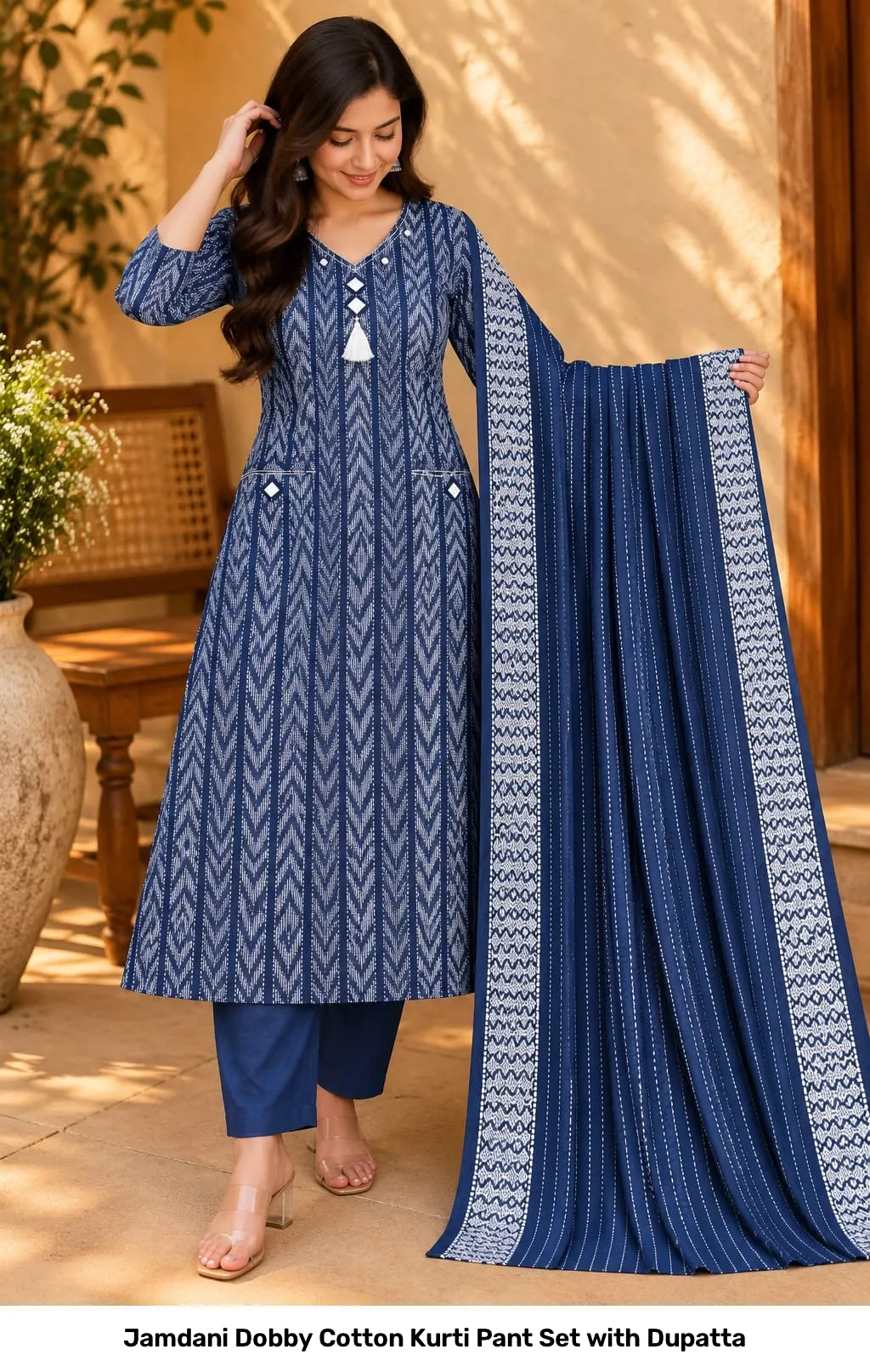 Jamdani Dobby Cotton Kurti Pant Set with Dupatta 2