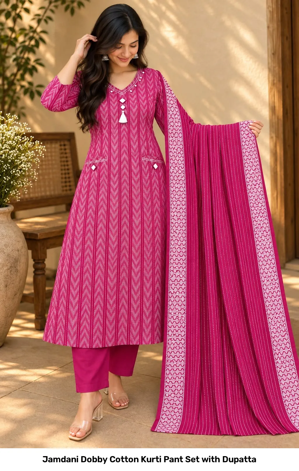 Jamdani Dobby Cotton Kurti Pant Set with Dupatta 3
