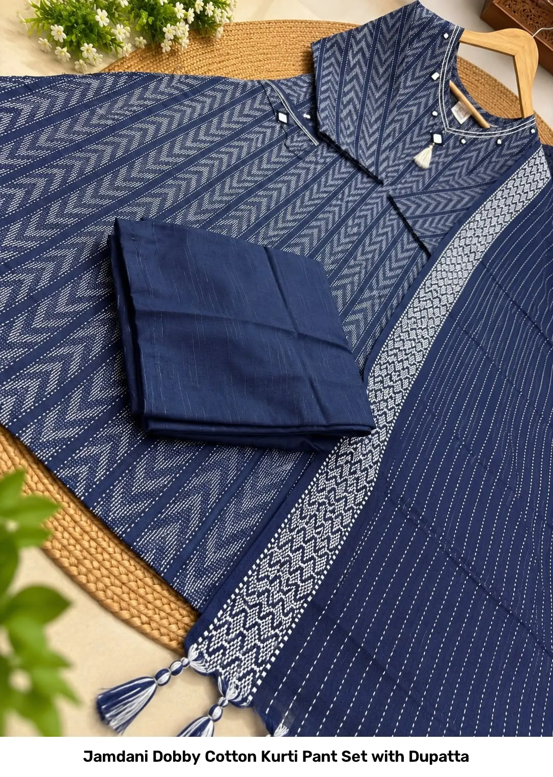 Jamdani Dobby Cotton Kurti Pant Set with Dupatta 4