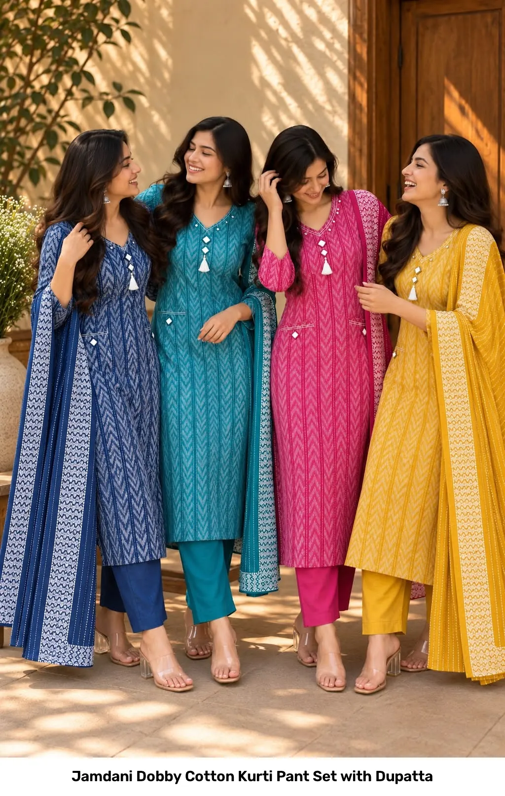 Jamdani Dobby Cotton Kurti Pant Set with Dupatta 5