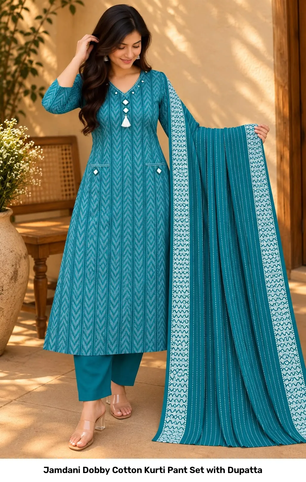 Jamdani Dobby Cotton Kurti Pant Set with Dupatta 6