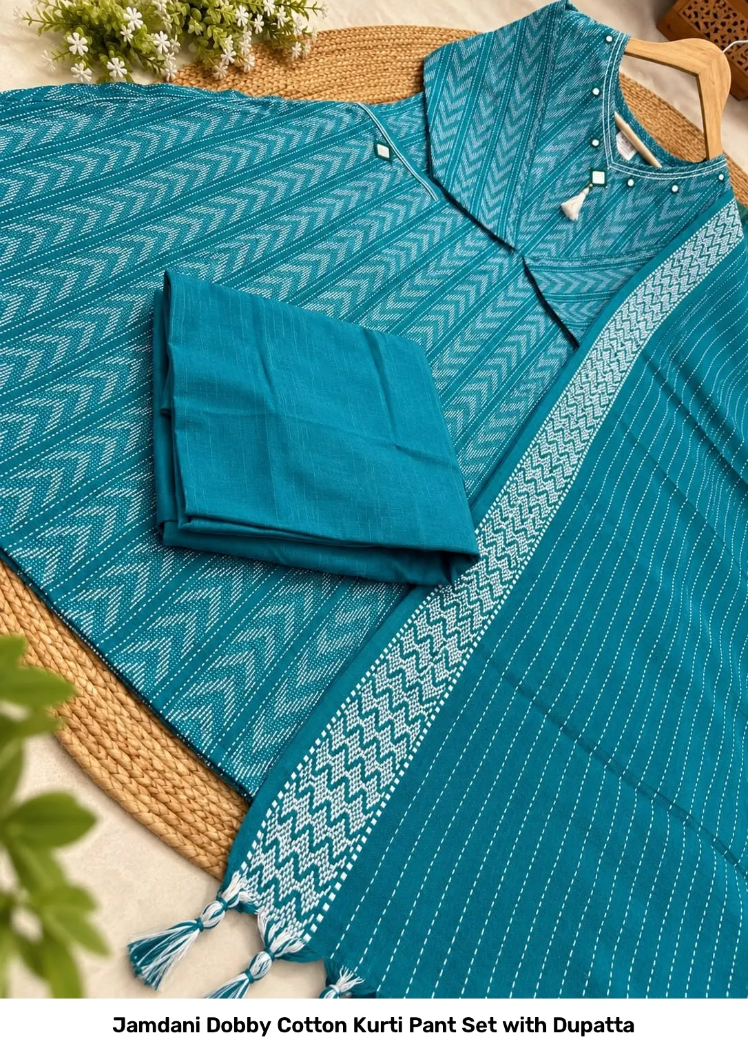 Jamdani Dobby Cotton Kurti Pant Set with Dupatta 7