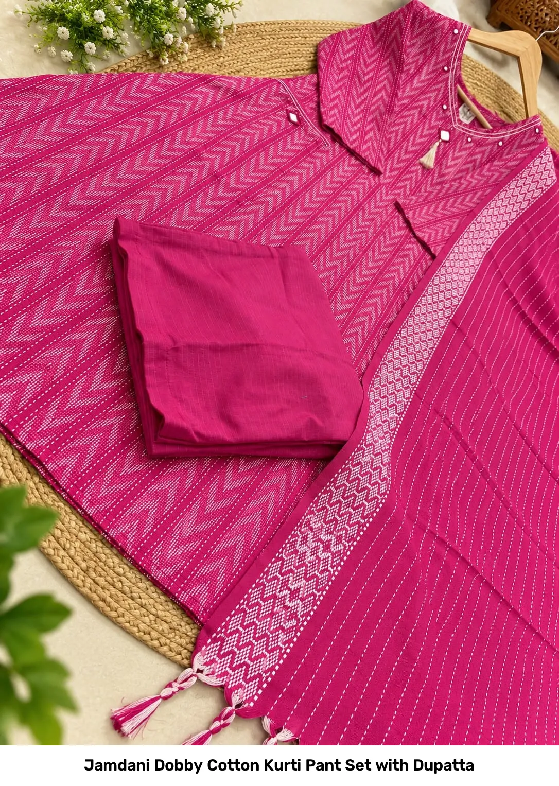 Jamdani Dobby Cotton Kurti Pant Set with Dupatta 8