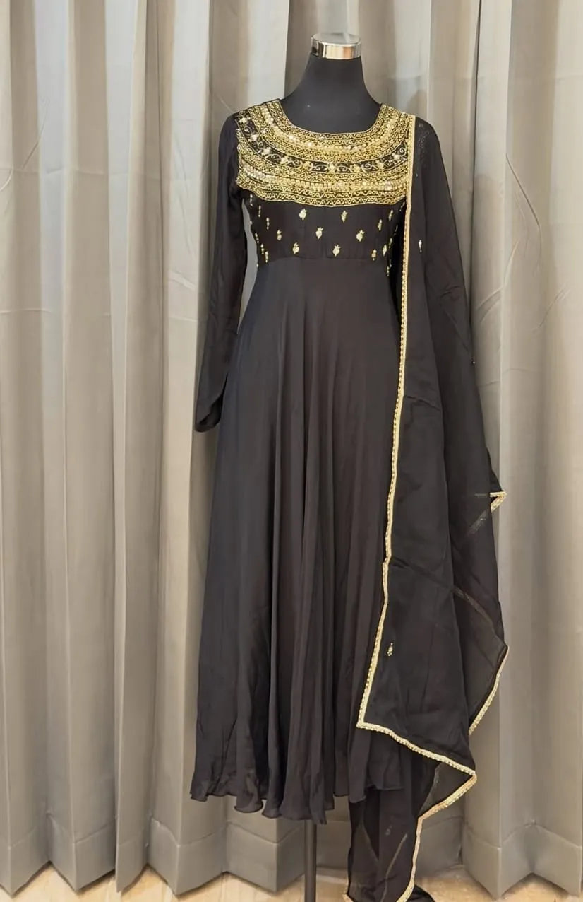 Jet Black Georgette Anarkali Suit Set with Dupatta | Handcrafted Gold Zari & Mirror Work Party Wear Gown
