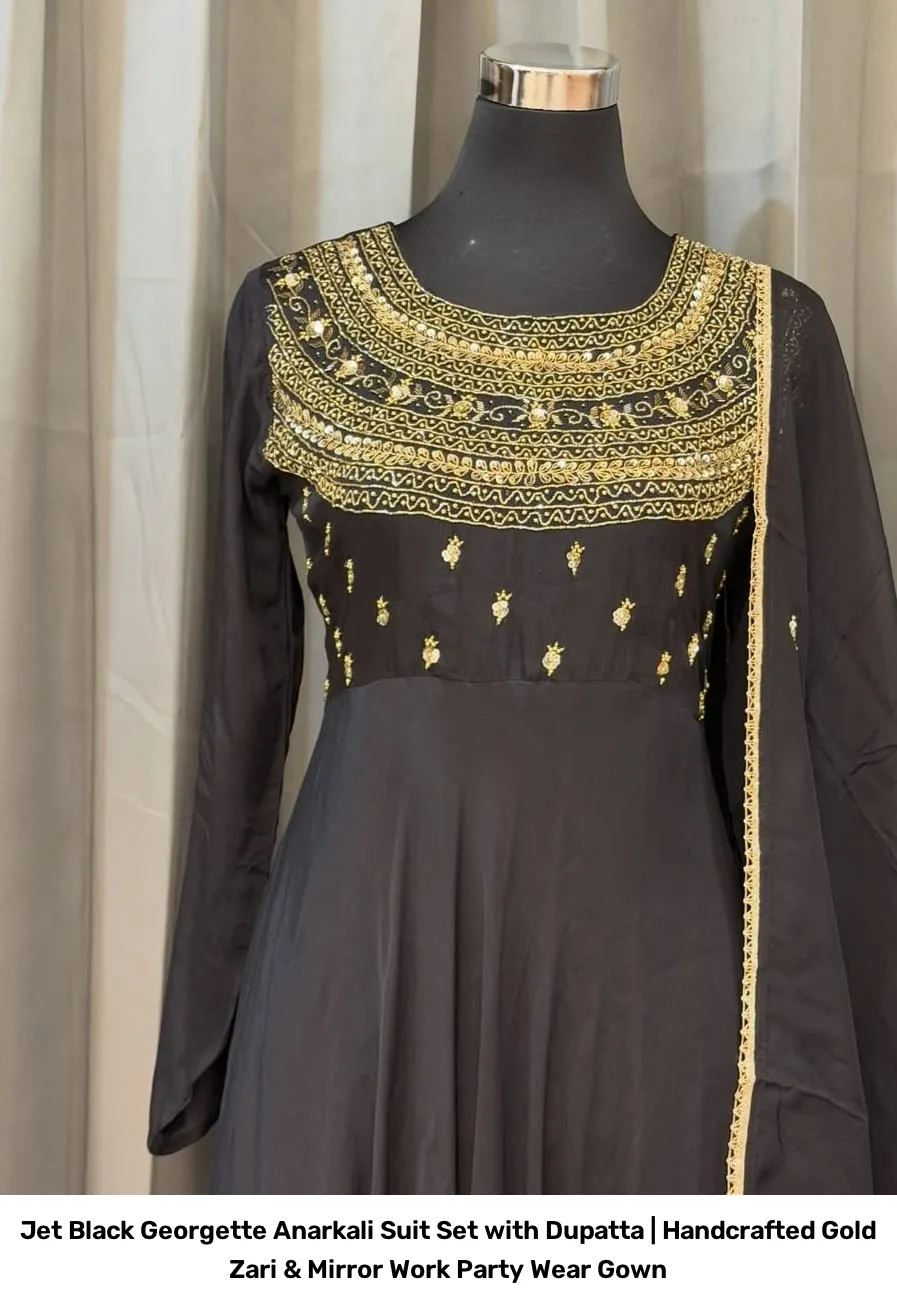 Jet Black Georgette Anarkali Suit Set with Dupatta | Handcrafted Gold Zari & Mirror Work Party Wear Gown 2