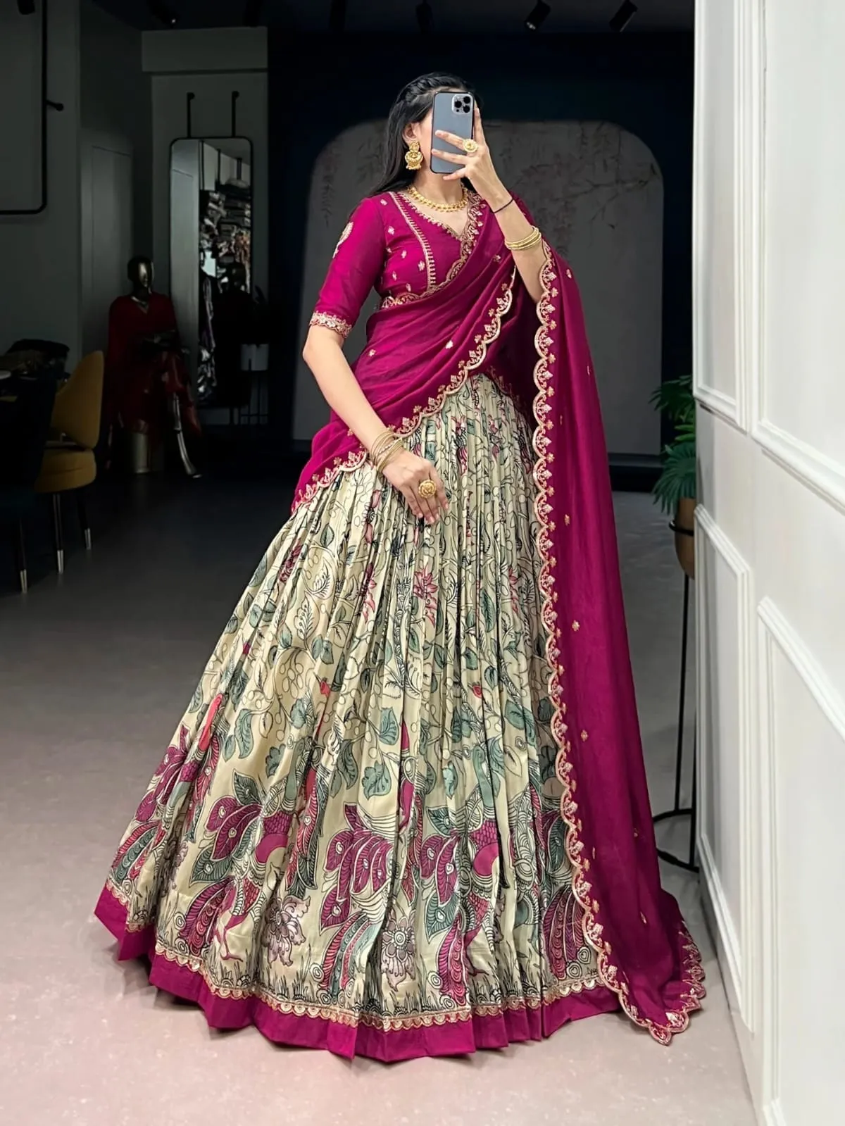 Kalamkari Print Dola Silk Lehenga Choli with Embroidered Vichitra Silk Blouse & Dupatta Unstitched