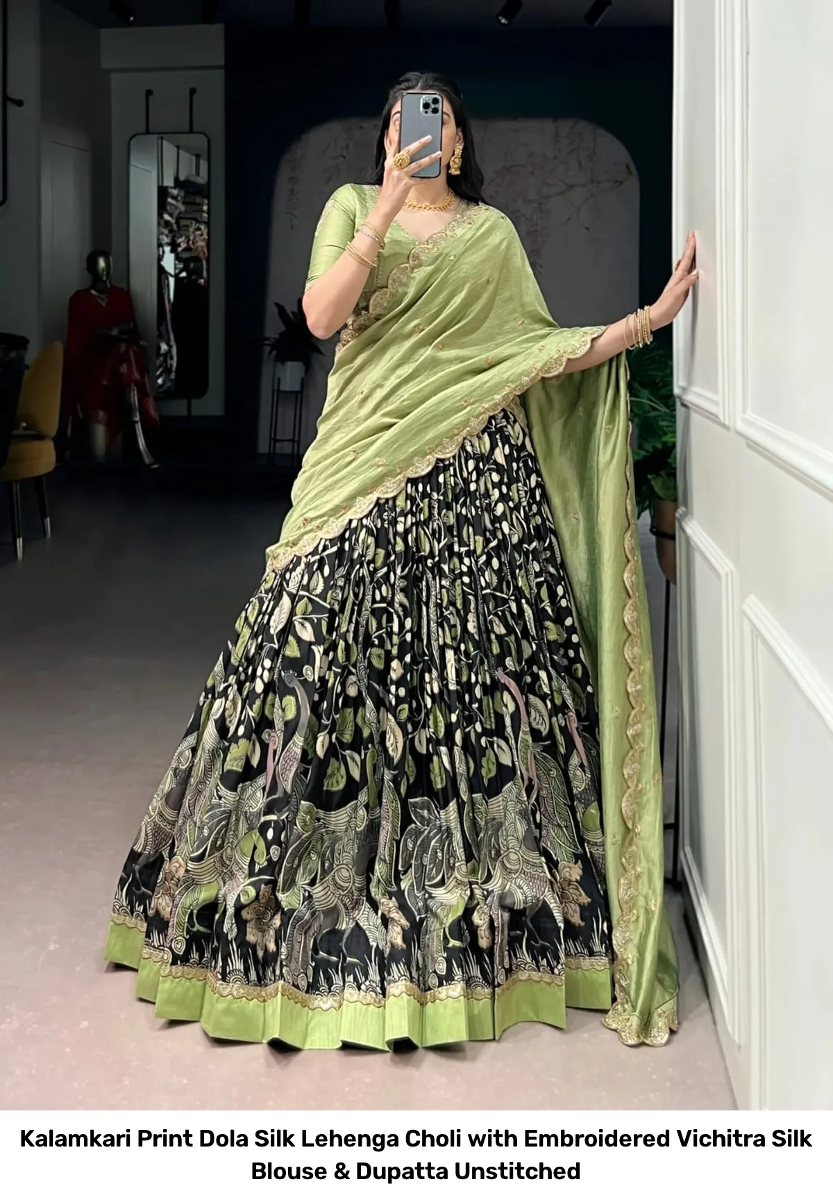 Kalamkari Print Dola Silk Lehenga Choli with Embroidered Vichitra Silk Blouse & Dupatta Unstitched 10