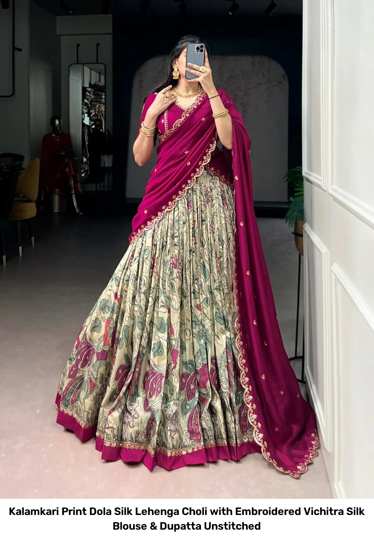 Kalamkari Print Dola Silk Lehenga Choli with Embroidered Vichitra Silk Blouse & Dupatta Unstitched 11