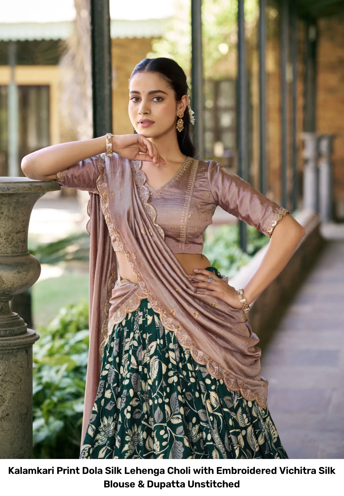 Kalamkari Print Dola Silk Lehenga Choli with Embroidered Vichitra Silk Blouse & Dupatta Unstitched 12