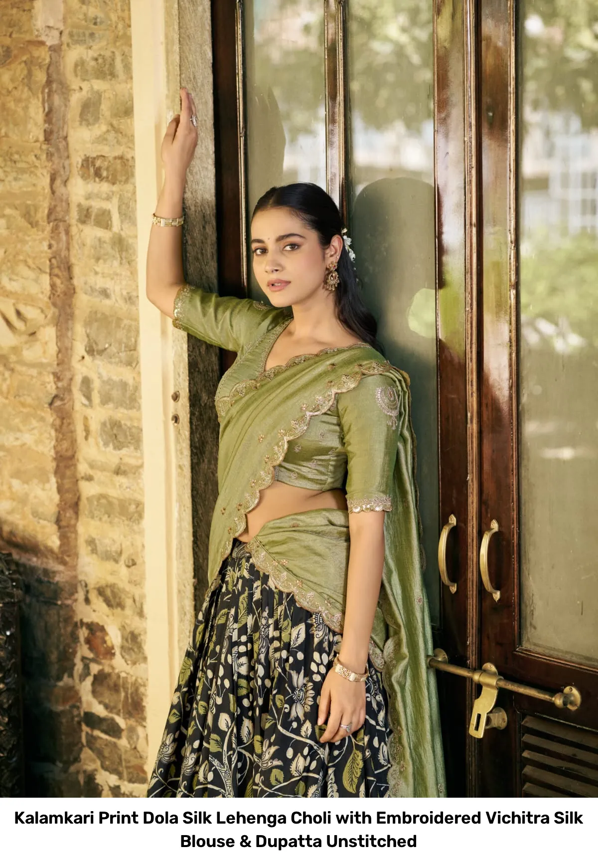 Kalamkari Print Dola Silk Lehenga Choli with Embroidered Vichitra Silk Blouse & Dupatta Unstitched 13