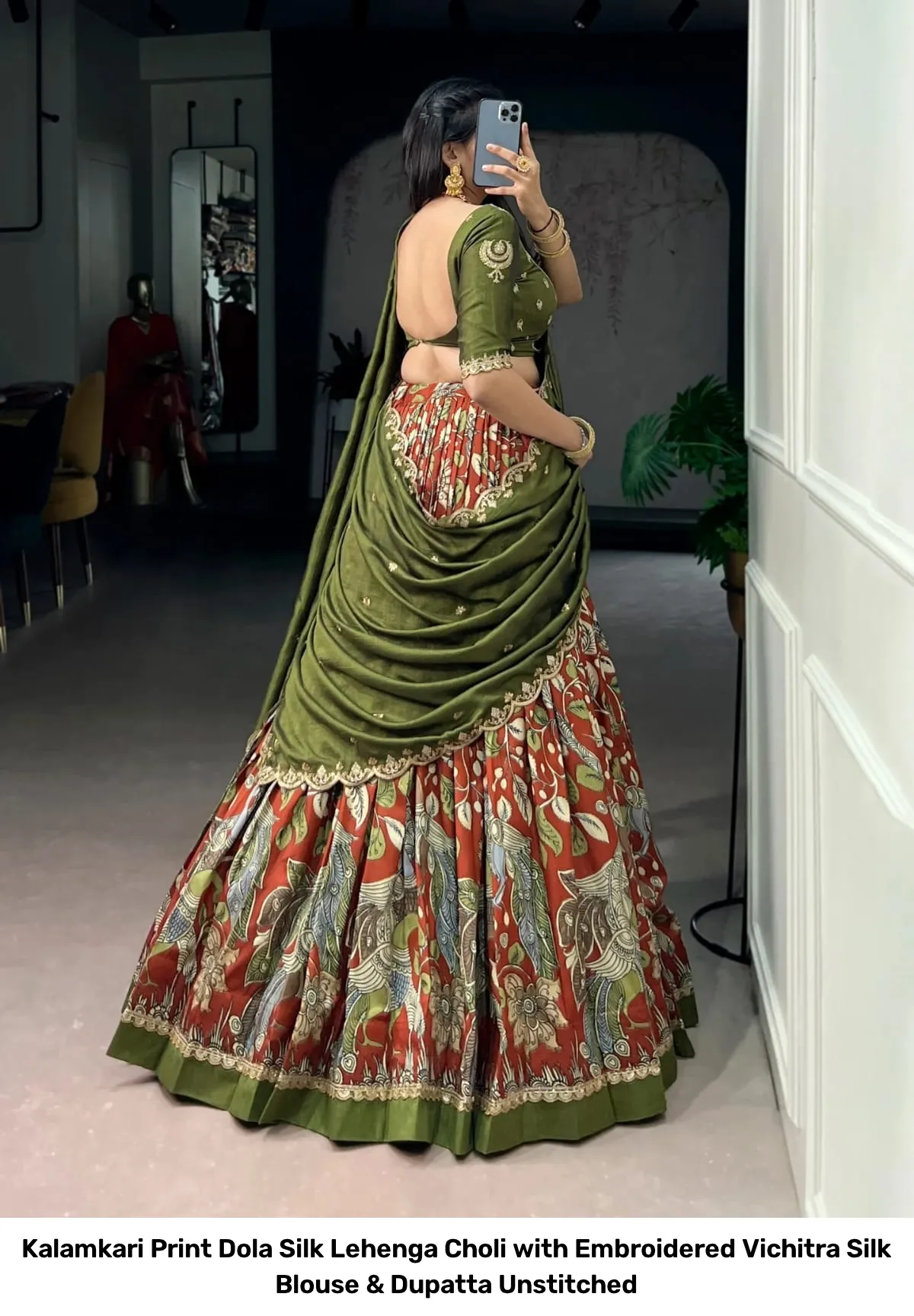 Kalamkari Print Dola Silk Lehenga Choli with Embroidered Vichitra Silk Blouse & Dupatta Unstitched 14