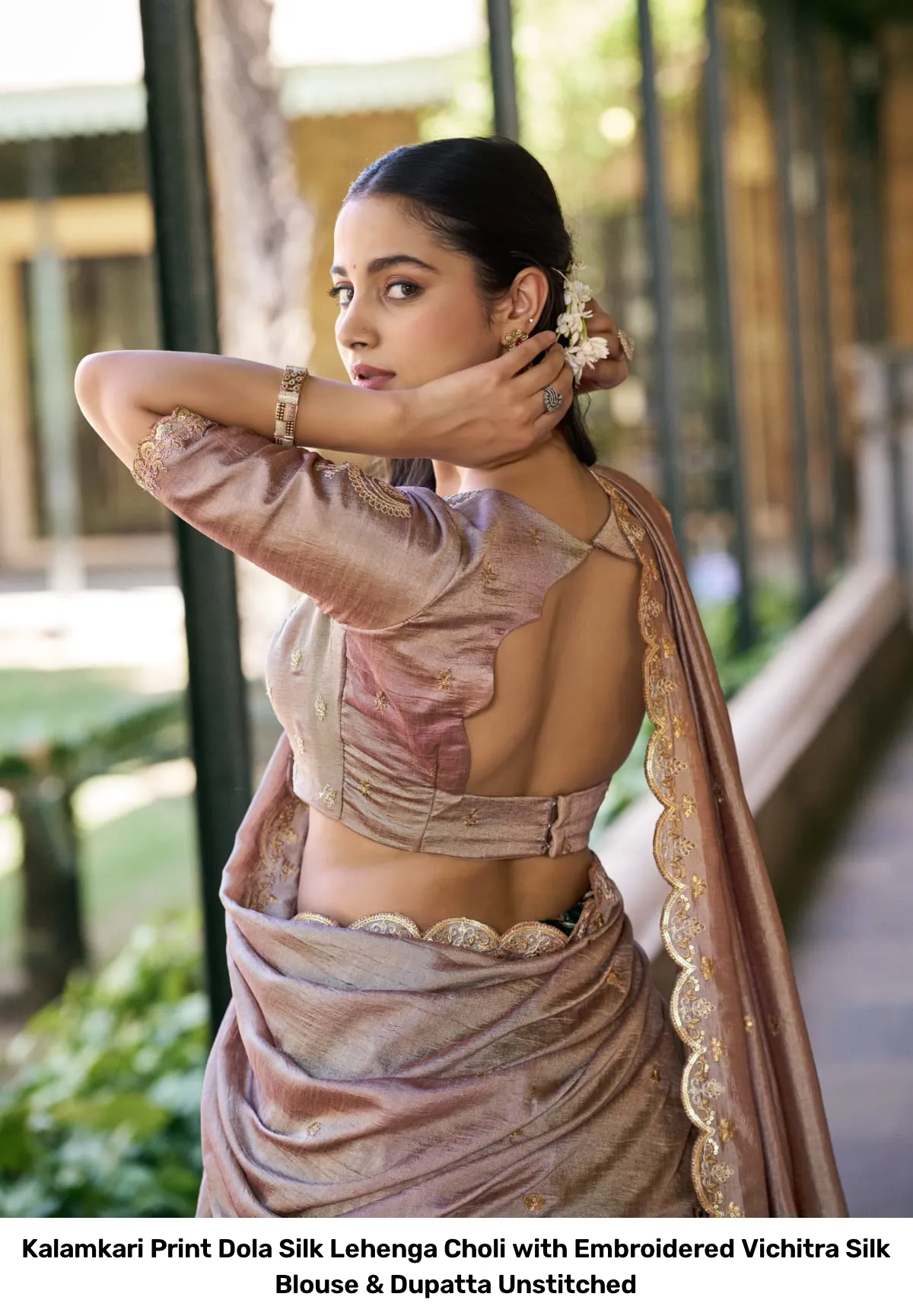 Kalamkari Print Dola Silk Lehenga Choli with Embroidered Vichitra Silk Blouse & Dupatta Unstitched 2