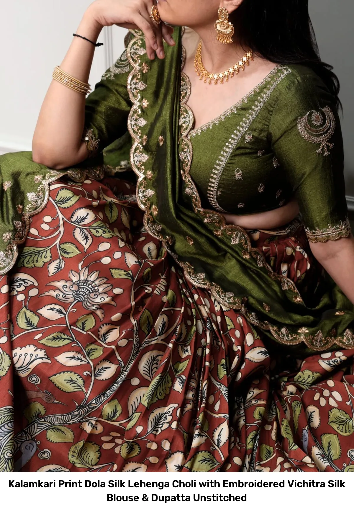 Kalamkari Print Dola Silk Lehenga Choli with Embroidered Vichitra Silk Blouse & Dupatta Unstitched 3