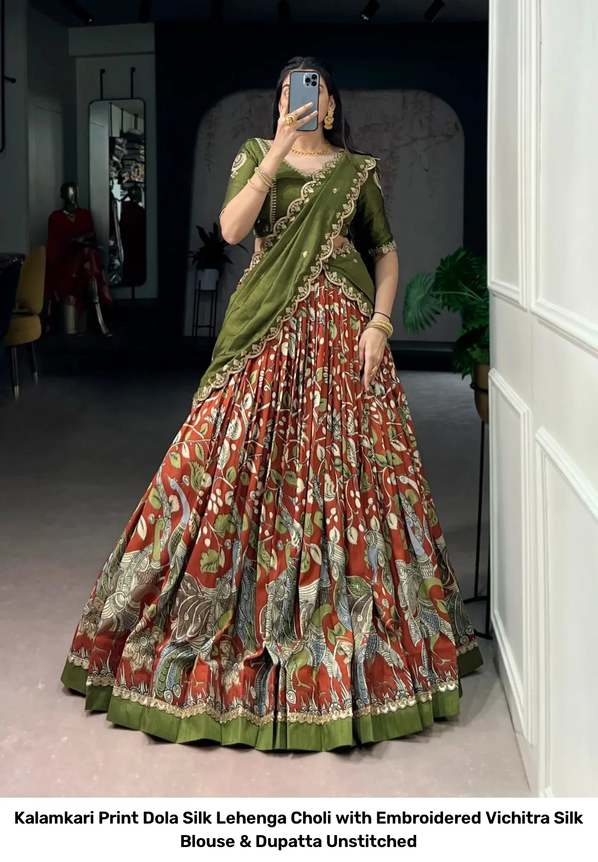 Kalamkari Print Dola Silk Lehenga Choli with Embroidered Vichitra Silk Blouse & Dupatta Unstitched 4