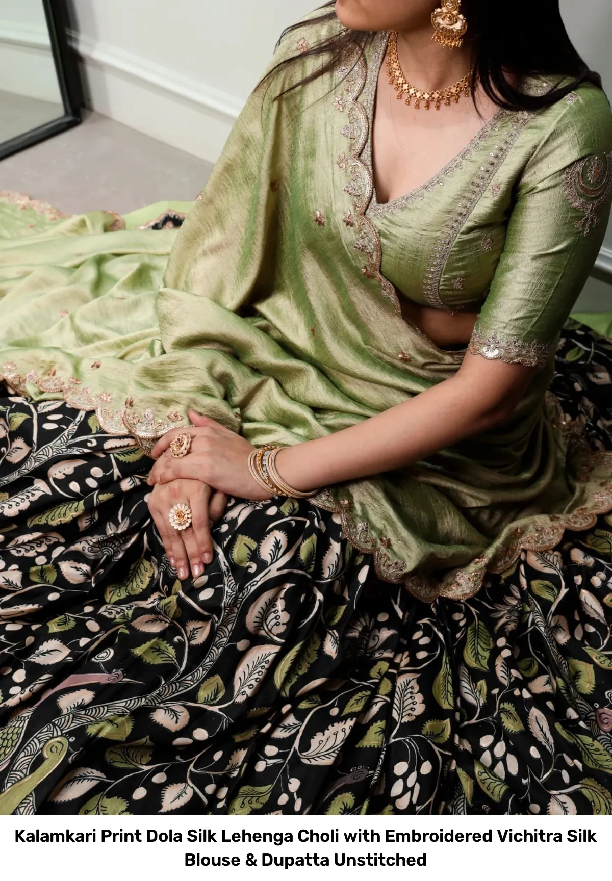 Kalamkari Print Dola Silk Lehenga Choli with Embroidered Vichitra Silk Blouse & Dupatta Unstitched 5