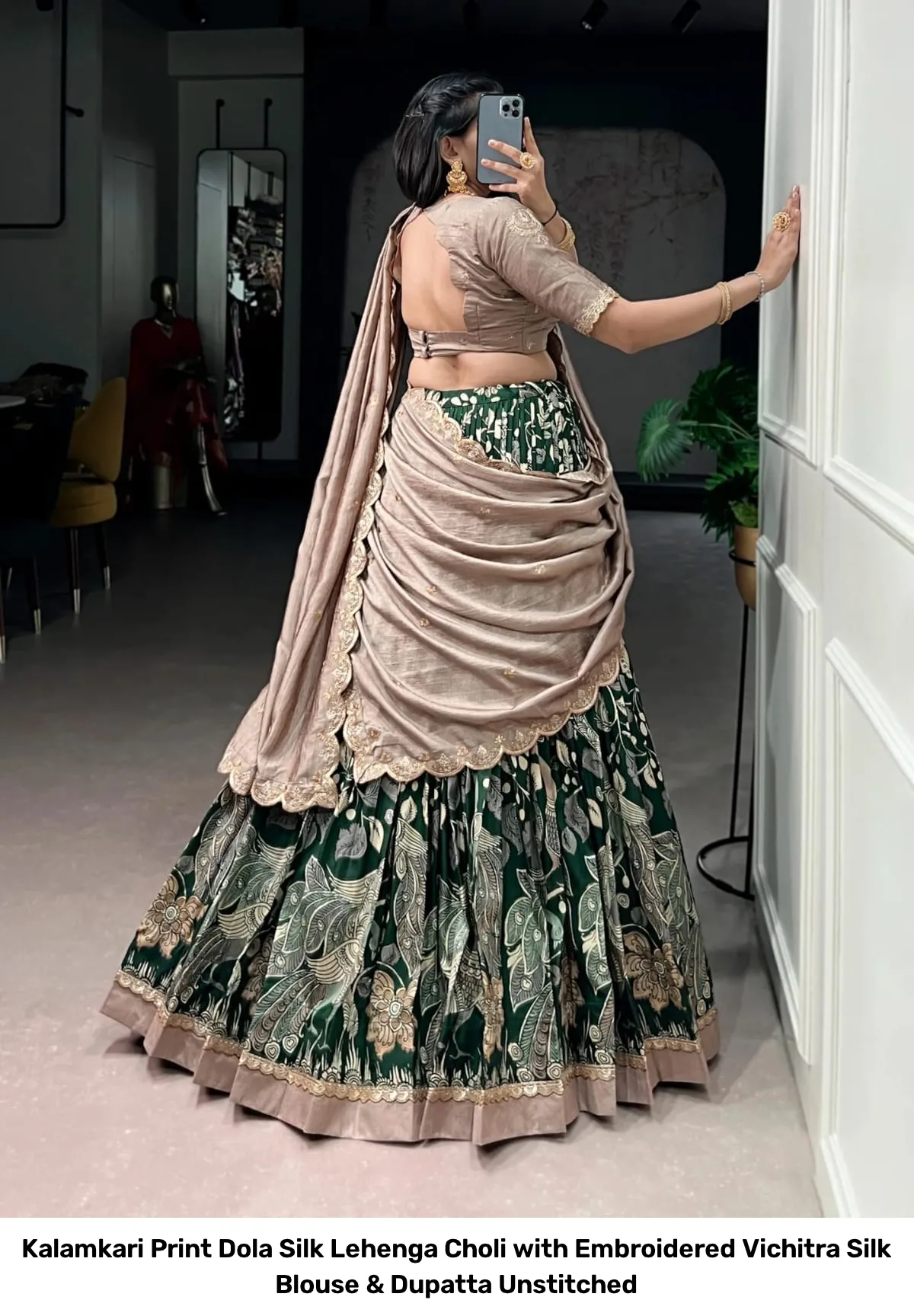 Kalamkari Print Dola Silk Lehenga Choli with Embroidered Vichitra Silk Blouse & Dupatta Unstitched 6