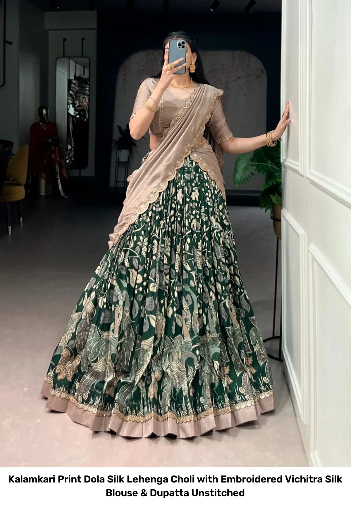 Kalamkari Print Dola Silk Lehenga Choli with Embroidered Vichitra Silk Blouse & Dupatta Unstitched 7