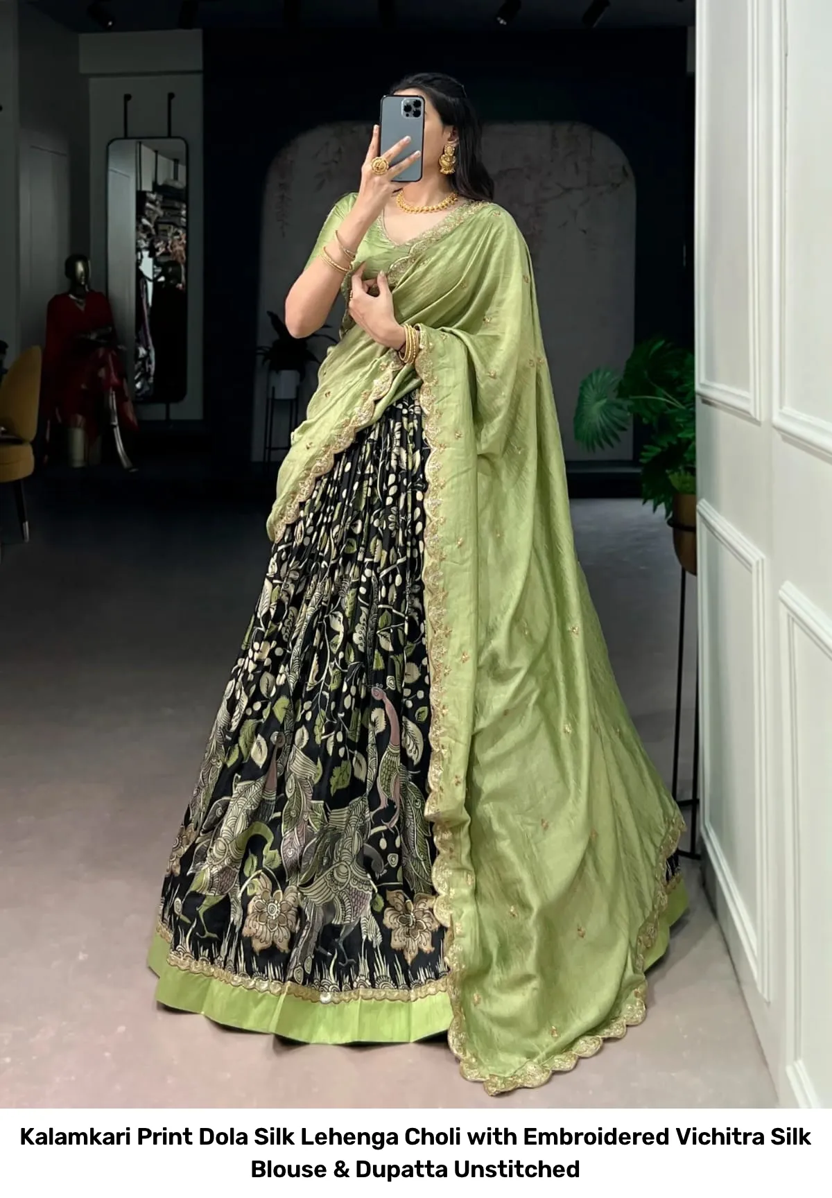 Kalamkari Print Dola Silk Lehenga Choli with Embroidered Vichitra Silk Blouse & Dupatta Unstitched 8