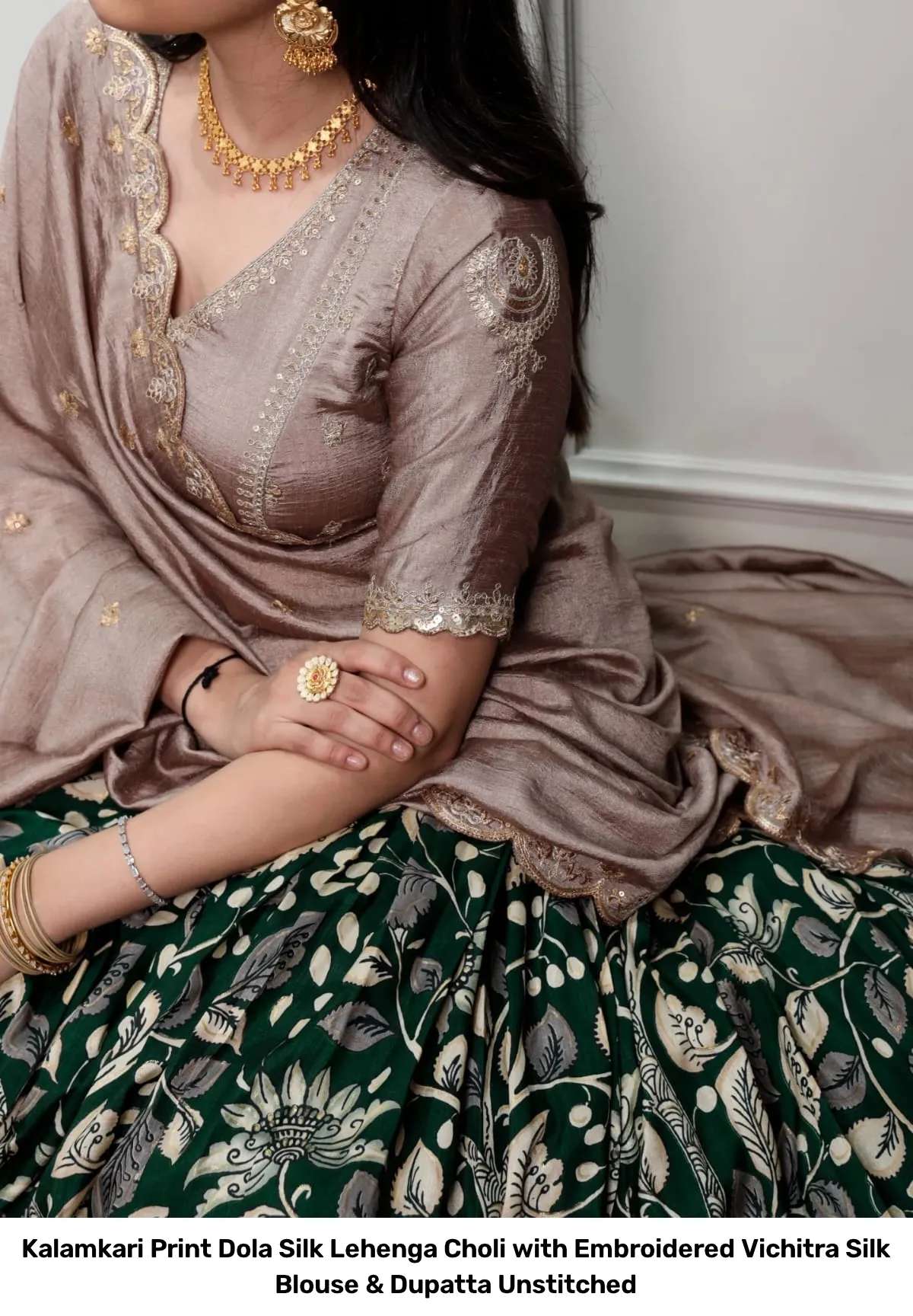 Kalamkari Print Dola Silk Lehenga Choli with Embroidered Vichitra Silk Blouse & Dupatta Unstitched 9
