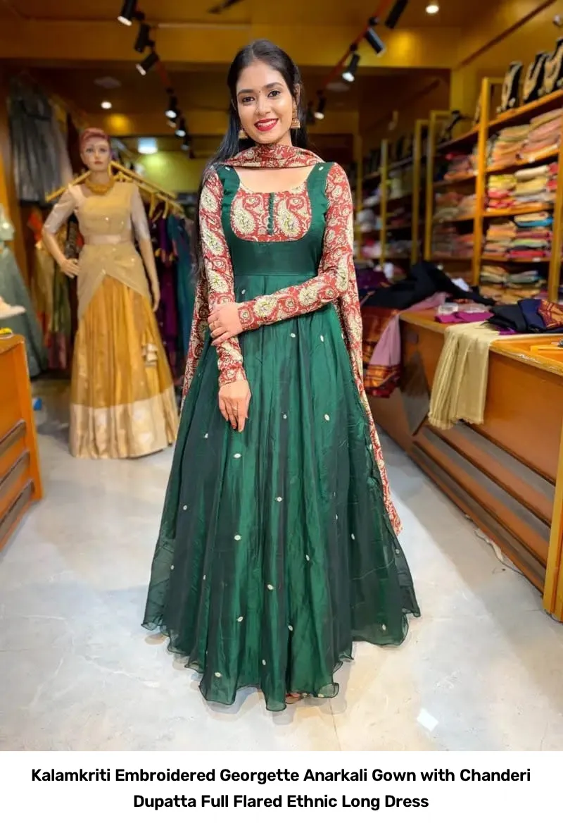 Kalamkriti Embroidered Georgette Anarkali Gown with Chanderi Dupatta – Full Flared Ethnic Long Dress 10