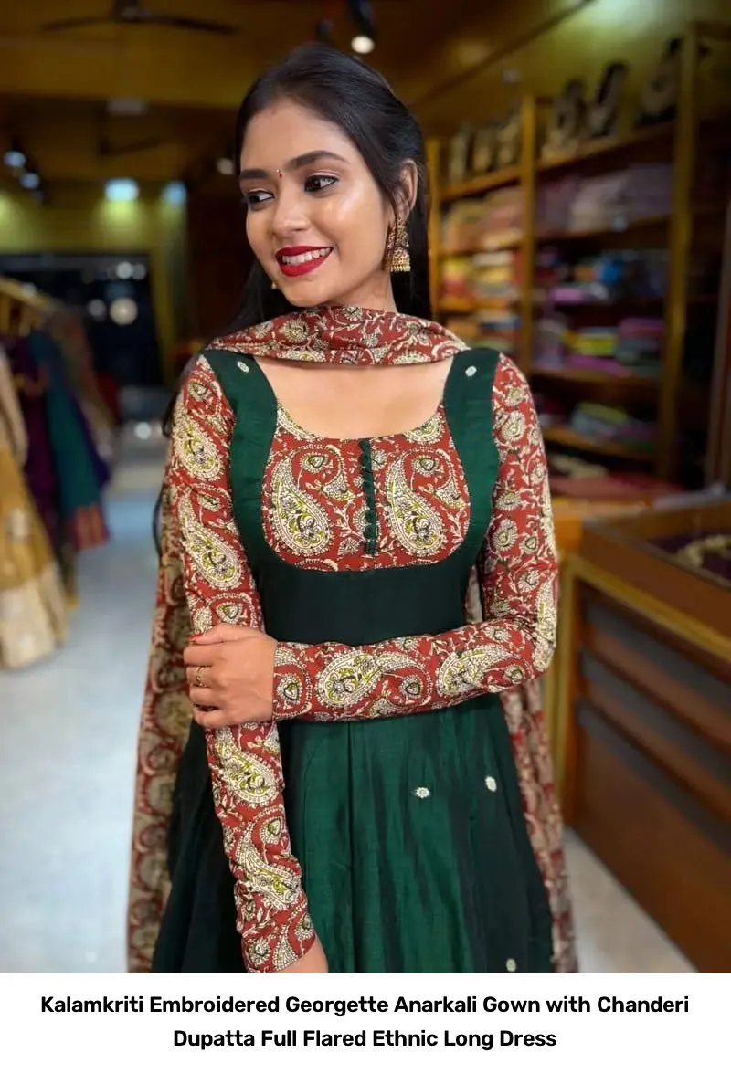 Kalamkriti Embroidered Georgette Anarkali Gown with Chanderi Dupatta – Full Flared Ethnic Long Dress 11