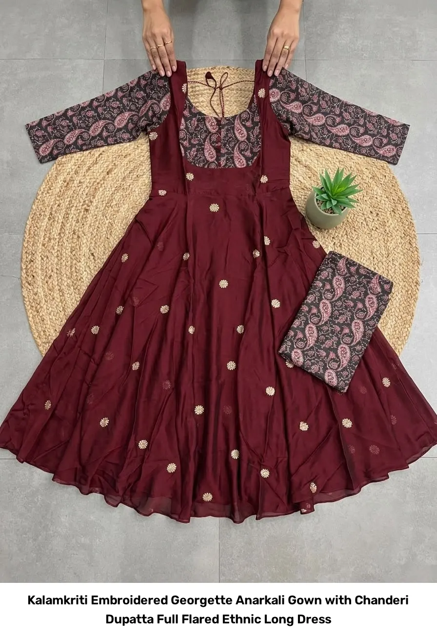 Kalamkriti Embroidered Georgette Anarkali Gown with Chanderi Dupatta – Full Flared Ethnic Long Dress 2
