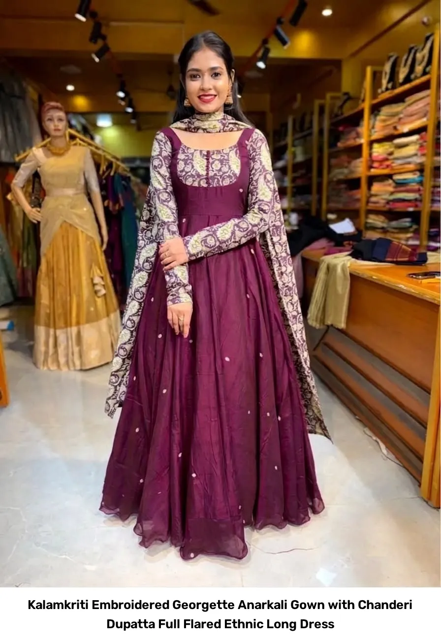 Kalamkriti Embroidered Georgette Anarkali Gown with Chanderi Dupatta – Full Flared Ethnic Long Dress 3