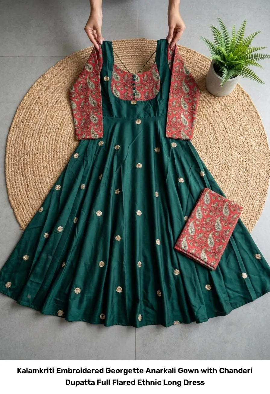 Kalamkriti Embroidered Georgette Anarkali Gown with Chanderi Dupatta – Full Flared Ethnic Long Dress 4