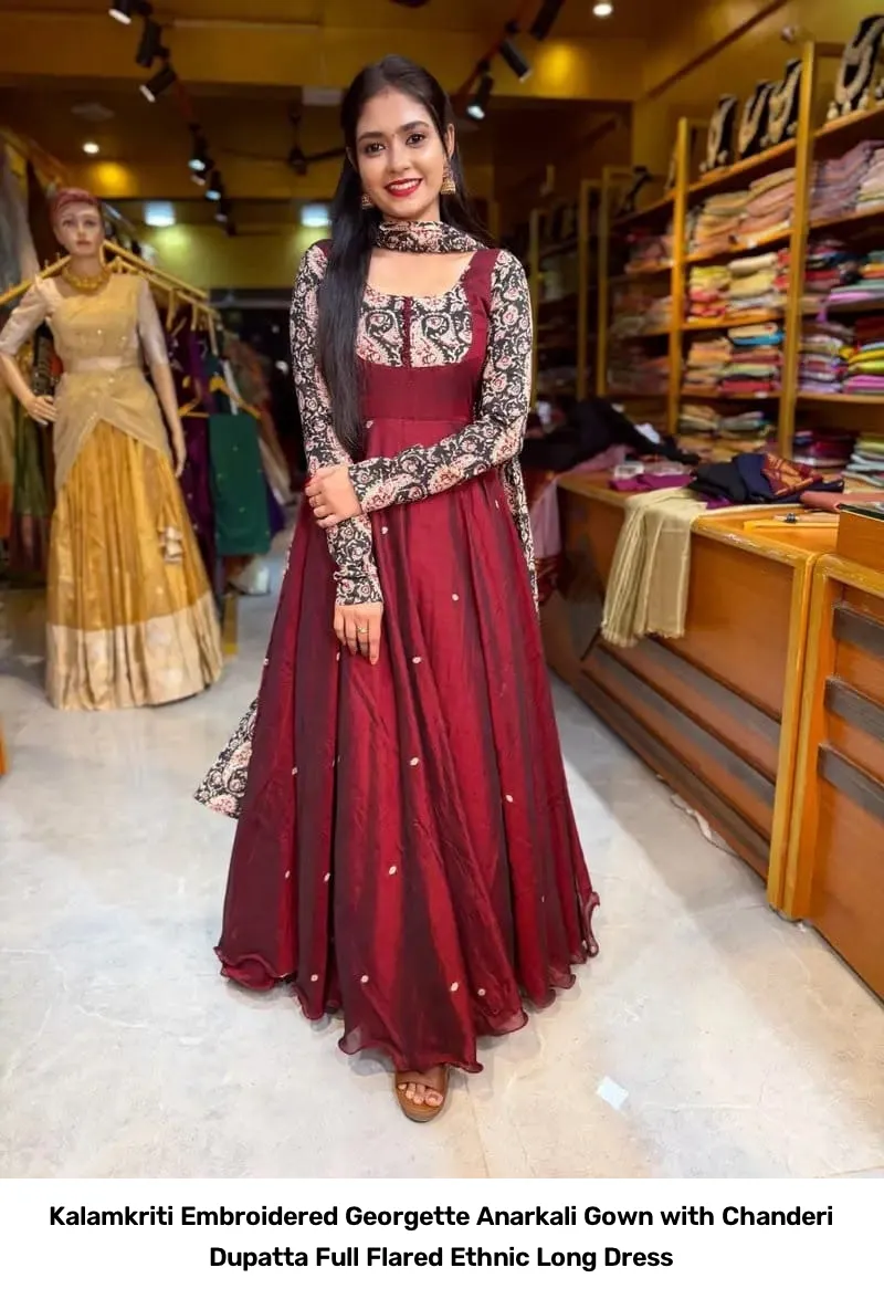 Kalamkriti Embroidered Georgette Anarkali Gown with Chanderi Dupatta – Full Flared Ethnic Long Dress 5