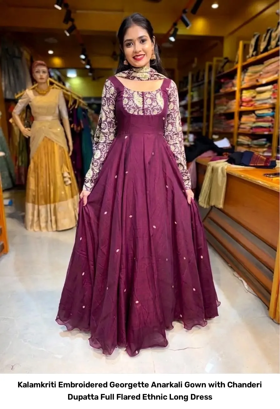 Kalamkriti Embroidered Georgette Anarkali Gown with Chanderi Dupatta – Full Flared Ethnic Long Dress 6