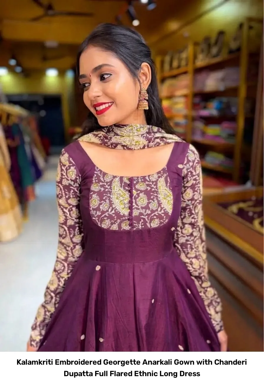 Kalamkriti Embroidered Georgette Anarkali Gown with Chanderi Dupatta – Full Flared Ethnic Long Dress 7