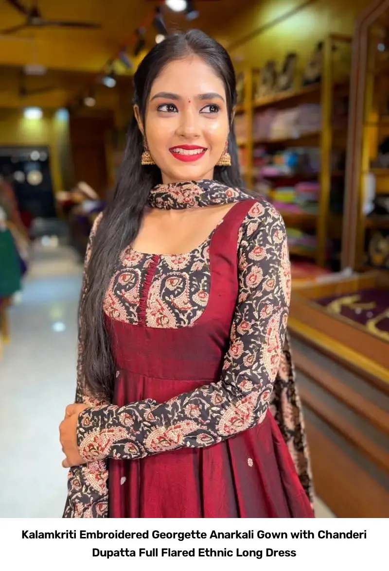 Kalamkriti Embroidered Georgette Anarkali Gown with Chanderi Dupatta – Full Flared Ethnic Long Dress 8