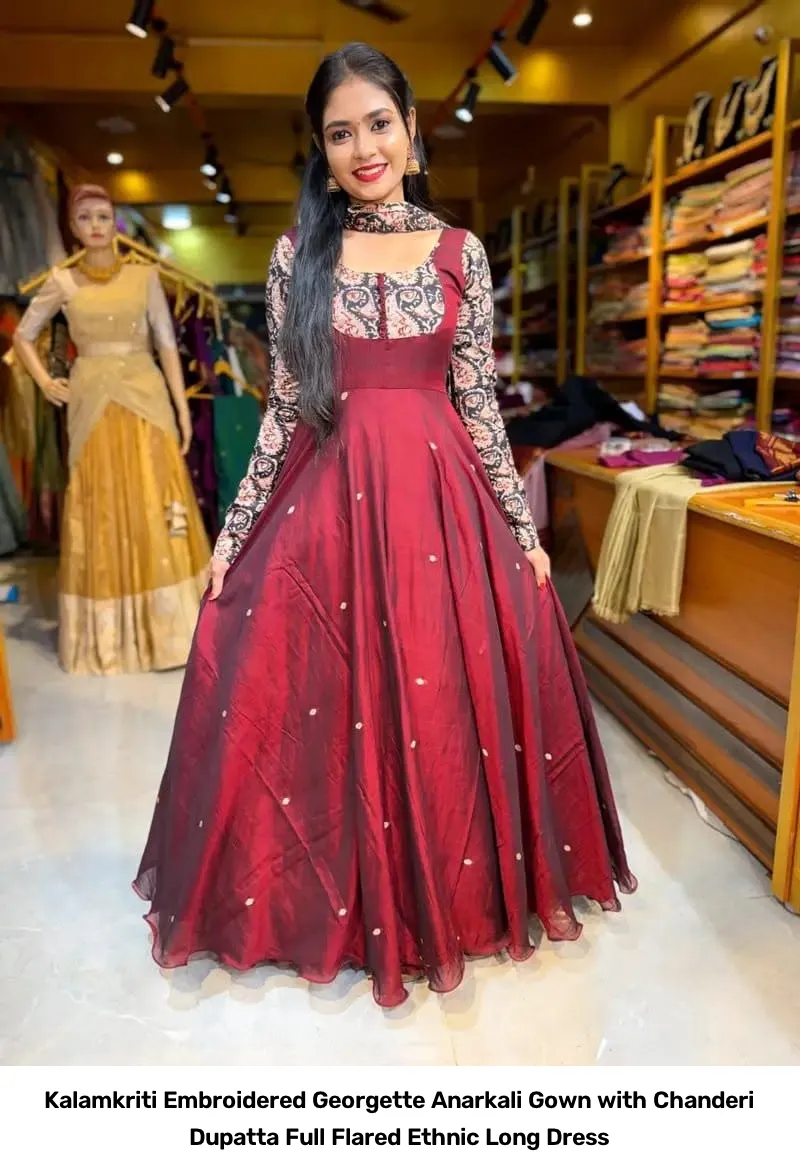 Kalamkriti Embroidered Georgette Anarkali Gown with Chanderi Dupatta – Full Flared Ethnic Long Dress 9