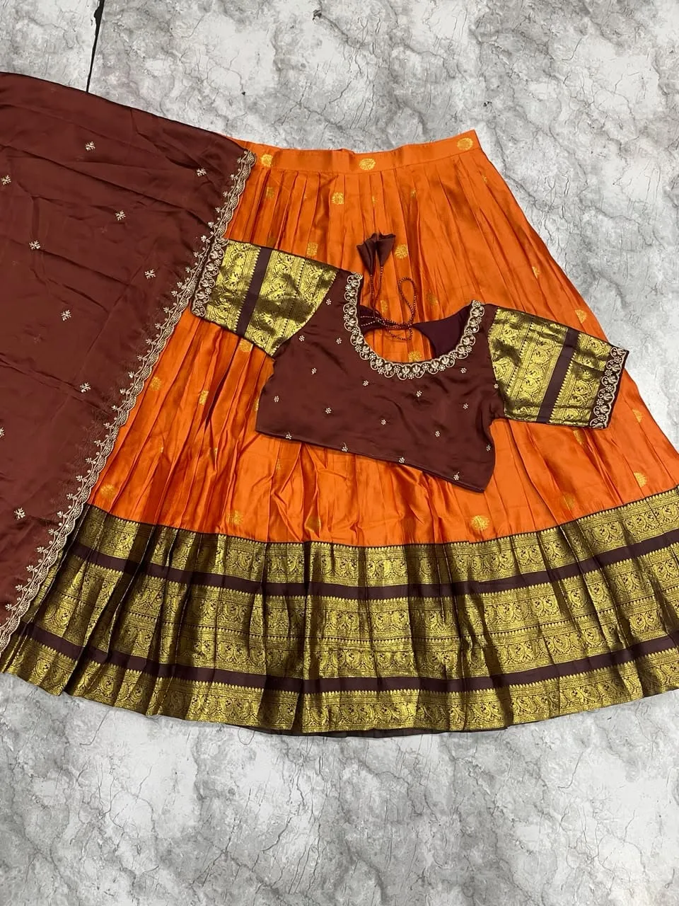 Kanjivaram Silk Fully Stitched Lehenga Choli Set | Designer Maggam Work Blouse & Rangoli Silk Cutwork Dupatta (4m Flare)