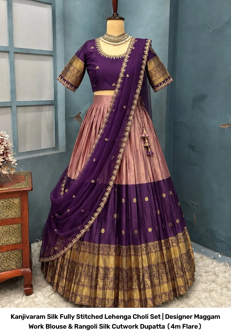 Kanjivaram Silk Fully Stitched Lehenga Choli Set | Designer Maggam Work Blouse & Rangoli Silk Cutwork Dupatta (4m Flare) 10